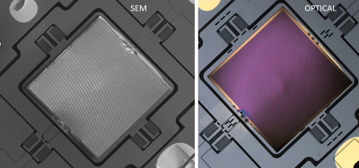 Metasurface-based flat lens integrated onto a MEMS scanner: Scanning electron micrograph (left) and optical microscope image (right) of a lens-on-MEMS device. Integration of MEMS devices with metalenses will help to create a new paradigm to manipulate light by combining the strength of these technologies: high-speed dynamic control with precise spatial manipulation of wave-fronts. Credit: Center for Nanoscale Materials, Argonne National Lab