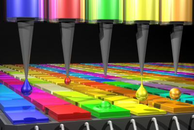 In this illustration, the Quantum Dot (QD) spectrometer device is printing QD filters—a key fabrication step. Other spectrometer approaches have complicated systems in order to create the optical structures needed. Here in the QD spectrometer approach, the optical structure, QD filters, are generated by printing liquid droplets. This approach is unique and advantageous in terms of flexibility, simplicity and cost reduction. Image: Mary O’Reilly 在本示例中,量子点(QD)光谱仪设备是制造印刷QD进行筛选关键的一步。其他光谱仪方法复杂系统为了创建所需的光学结构。在QD光谱仪方法,光学结构,QD过滤器,由打印生成液体滴。这种方法是独特而有利的灵活性、简单性和降低成本。图片:玛丽O ' reilly
