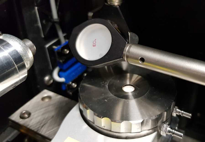 Image of the catalyst in the micro-reactor where it is heated to reaction temperature. It sits beneath a quartz window through which a laser is focused to measure the catalyst as the reaction occurs. Credit: Emma Campbell, University College London