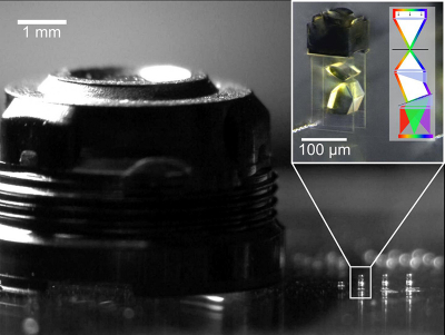 Comparison with an iPhone 5S camera lens. The inset (white box) shows a microscope image of the fabricated spectrometer (left) and its optical design principle (right). Credit: Andrea Toulouse, Johannes Drozella, Simon Thiele, Harald Giessen, and Alois Herkommer