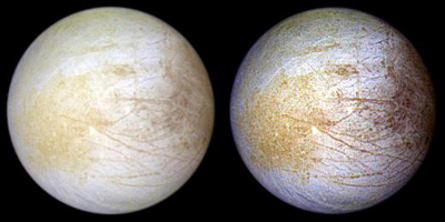 Tara Regio is the yellowish area to left of centre, in this NASA Galileo image of Europa’s surface. This region of geologic chaos is the area researchers identified an abundance of NaCl. Credit: NASA/JPL/University of Arizona