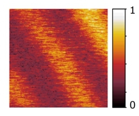 Researchers from the HZDR and TU Dresden initially study a known thin-layer sample made of silicon and germanium using their novel nanoscope. Short Laser pulses excite the electrons in the bright stripes, which are several hundred nanometers wide, whereby the otherwise transparent sample at these locations becomes reflexive. Image: TU Dresden