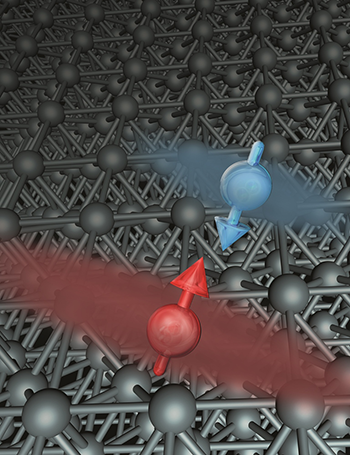 A diagram illustrating spin-up (red) and spin-down (blue) electrons in a crystal grid. Credit: Ill.: Condensed Matter Theory Group, JGU. 一个图表说明向上(红色)和向下(蓝色)电子在晶体网格。信贷:生病了。:凝聚态理论组一起进行。