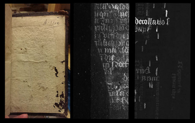 The MA-XRF technique reveals two medieval fragments stuck together underneath the paper cover of a 16th-century binding (Delft University of Technology)