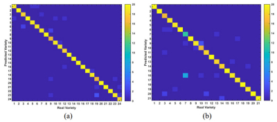 Heat maps of the confusion matrices of wheat (a) and rice (b) sample sets identified by the InResSpectra neural network. Credit: XU Zhuopin 混淆矩阵的热图小麦和大米样本集的神经网络识别