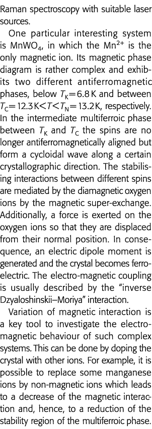 Raman spectroscopy with suitable laser sources  One particular interesting system is MnWO4, in which the Mn2+ is the