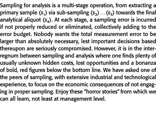 Sampling for analysis is a multi-stage operation, from extracting a primary sample (s1) via sub-sampling (s2)   (s3)