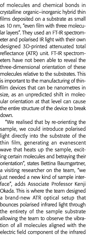 of molecules and chemical bonds in crystalline organic inorganic hybrid thin films deposited on a substrate as small