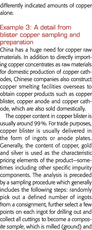 不同显示大量的铜仅示例3:从中国粗铜抽样和准备一个细节