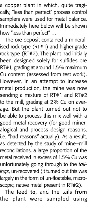 铜厂,很不幸的是,不到完美的过程控制取样器被用于金属平衡