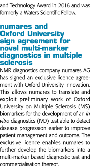 和技术奖项,2016年曾水域科学研究员numares和牛津大学签署协议