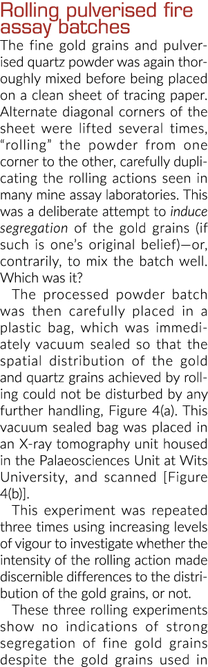 Rolling pulverised fire assay batches The fine gold grains and pulverised quartz powder was again thoroughly mixed be