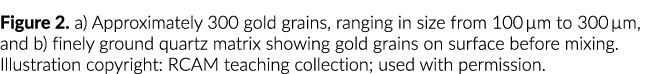 Figure 2  a) Approximately 300 gold grains, ranging in size from 100  m to 300  m, and b) finely ground quartz matrix