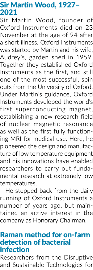 Sir Martin Wood, 1927 2021 Sir Martin Wood, founder of Oxford Instruments died on 23 November at the age of 94 after