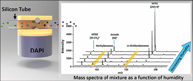 Schematic diagram of DAPI and mass spectra of mixture as a function of humidity