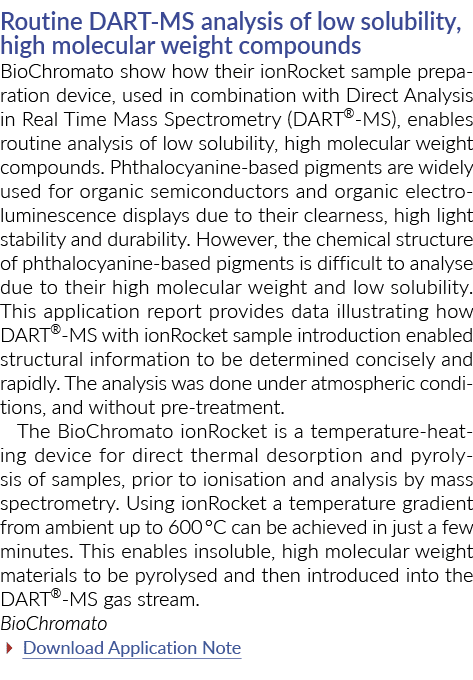 Routine DART-MS analysis of low solubility, high molecular weight compounds BioChromato show how their ionRocket samp