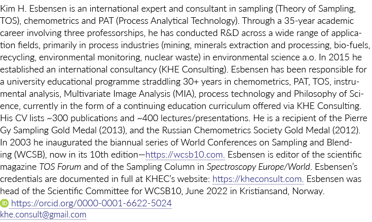 金正日H Esbensen是一个国际专家和顾问采样(采样理论,TOS),化学计量学和帕特