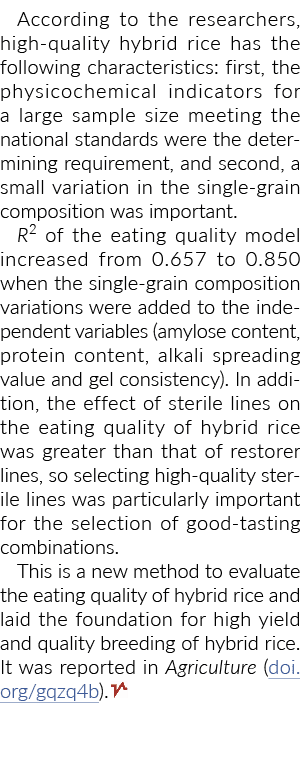 据研究人员介绍,优质杂交水稻具有以下特点:第一,物理化学……