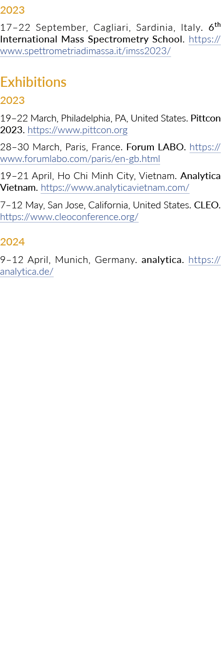 2023年9月17-22卡利亚里,撒丁岛,意大利,6日国际质谱学院。https://www.spettrometri..。