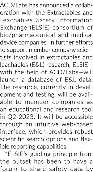 ACD /实验室宣布了一项合作可榨出的和可滤取的安全信息交换(埃尔希)conso……